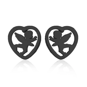 Détails de boucles d'oreilles cœur noir mat avec motifs silhouettes d'anges évidés