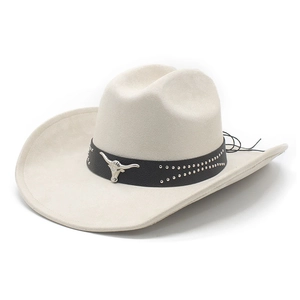 Classic cream western cowboy hat in faux suede with leather studded band and bull head icon