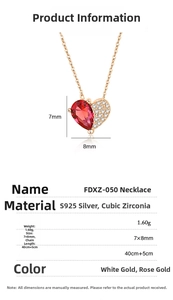 Close-up of S925 silver heart necklace with red zircon and white diamond accents