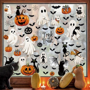 Halloween Window Stickers PVC Static Cling Ghost Pumpkin Bat Black Cat Cartoon Removable Double Sided Holiday Ornament