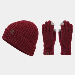 Détail d'un ensemble bonnet rayé bordeaux et gants tactiles avec écussons en cuir marron