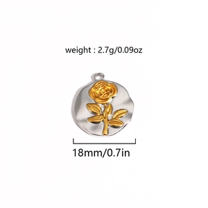Detail shot of 18mm silver round pendant with golden rose relief, weighing 2.7g