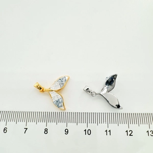 Detailed scale measurement of whale tail pendants with blue inlay and silver finish