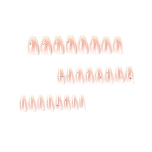 White French coffin press-on nails with silver glitter, rhinestones, and pink gradient