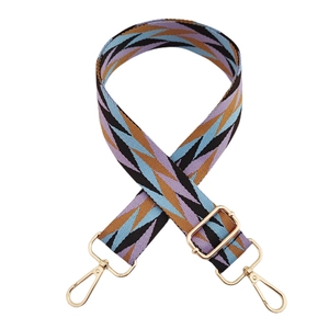 Detail of adjustable geometric patterned woven strap with gold metal lobster clasps