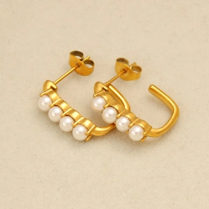 Elegant 316L stainless steel gold J-hoop earrings with five small pearls and butterfly backs