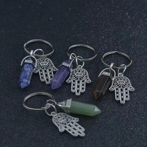 Hamsa Hand keychain with natural crystal hexagonal pillars in blue, purple, and green