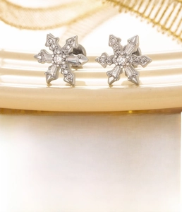 Detailed view of silver snowflake earrings with cubic zirconia and steel screw back