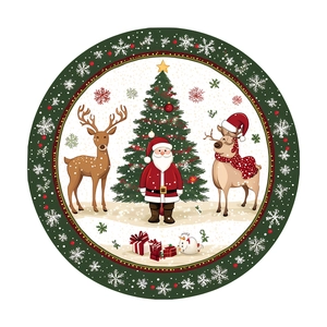 Details eines runden Weihnachtsaufklebers mit Weihnachtsmann und Rentier-Illustration