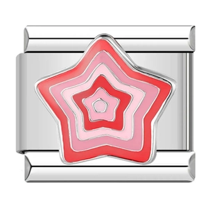 Italian charm link featuring a red and pink enamel star pattern on silver metal