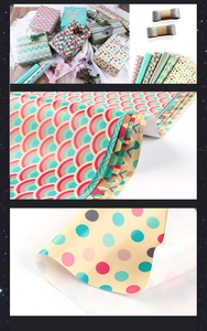 Close-up of premium gift wrapping paper with rainbow scales and geometric patterns