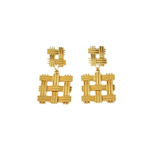 Retro geometric woven gold square titanium steel earrings for women in a modern minimalist style