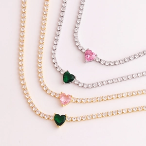 Chic gold-plated tennis necklace with a heart-shaped zircon pendant in various colors
