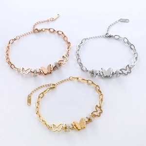 Bracelets papillon en acier inoxydable avec zircons en finitions or rose, argent et or