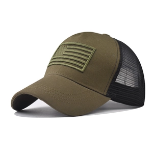 Detail of army green tactical baseball cap with American flag embroidery and mesh back
