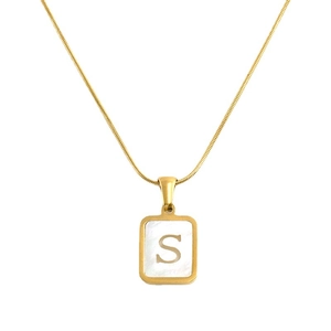 18K gold plated stainless steel snake chain necklace with square shell letter S pendant