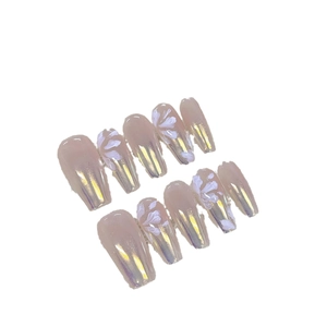 Handmade aurora pink coffin press-on nails with white floral hand-painted 3D art design