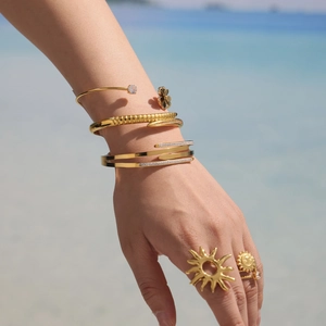 Polished 18K gold plated stainless steel multi-layer bracelets and rings set