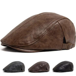 Herren Britische Retro PU Leder Baskenmütze Herbst Winter Warm Newsboy Cap Einfarbig Verstellbare Mode Accessoire