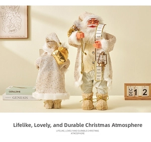 Dettaglio fronte e retro di Babbo Natale con cappotto in maglia beige e sacco d'oro