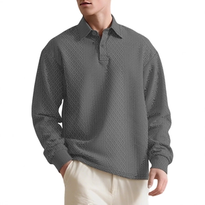 Men's grey long sleeve polo shirt featuring textured diamond jacquard fabric and button collar