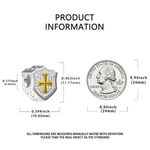 Detailed technical diagram of silver cross bead with measurements and coin for scale