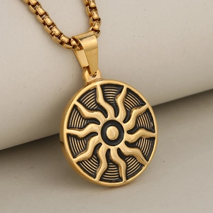Sun God Flame Pattern Stainless Steel Pendant Necklace Retro Punk Style Round Charm Jewelry Accessory For Men