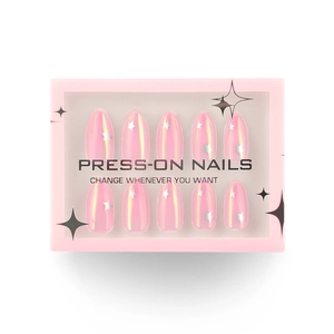 Pink holographic press-on nails with white stars in a rectangular window box