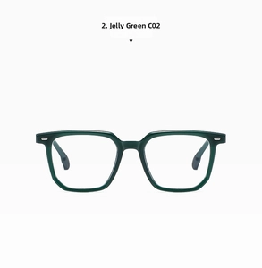 Front view of jelly green square eyeglass frames with retro metal rivet accents