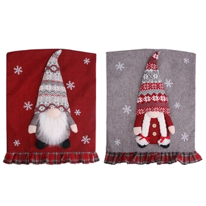 Christmas gnome chair covers with red and grey hats on linen fabric with snowflake patterns