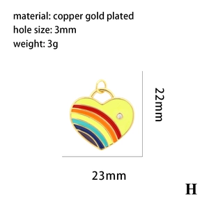 Rainbow heart pendant detail showing 23mm width and 18K gold plated copper specs