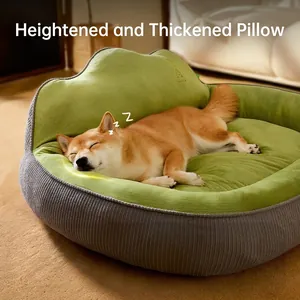 Thickened green dog bed with raised bolster neck support for pets sleeping comfortably