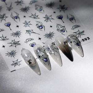 L-593 nail stickers featuring punk style black spiders and purple hearts on silver base