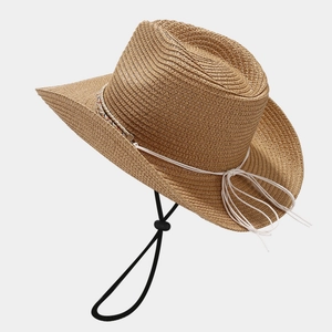 Women's summer straw cowboy hat with adjustable chin strap and shapeable wide brim