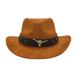 Brown suede western cowboy hat featuring a silver bull head emblem and leather band