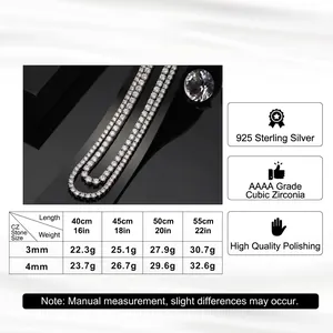 Size chart for 3mm and 4mm S925 sterling silver tennis chains with length and weight details