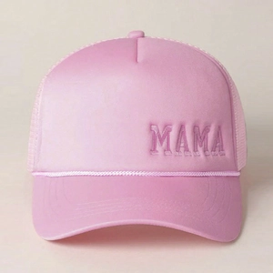Close-up of pink MAMA embroidery and breathable mesh texture on the trucker hat
