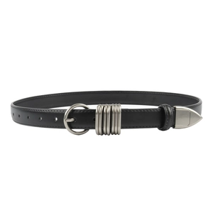 Classic black leather belt for women with elegant silver round buckle and metal loop