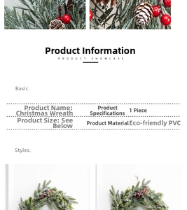 Close-up of Christmas wreath with green pine needles, red berries, and natural pine cones