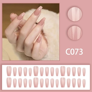 Glossy nude pink long coffin press-on nails set C073 featuring a minimalist Korean style