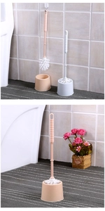 Detail of durable thickened plastic toilet brush set with holder in beige and white