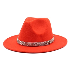 Elegant wide brim red wool fedora hat with sparkling rhinestone band and M metal buckle