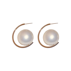 Chic gold C-shaped geometric hoop earrings with large faux pearl insets for women