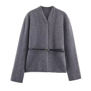 Giacca da Donna Elegante in Poliestere Tinta Unita Con Cintura Scollo a V Manica Lunga Top per Uso Quotidiano Casual Ufficio