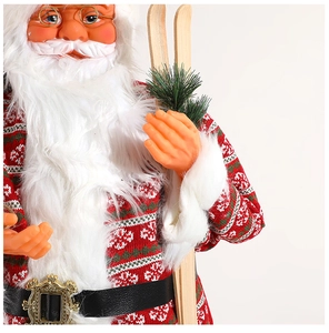 Detailed close-up of Santa Claus figurine with faux fur, gold buckle and wooden skis