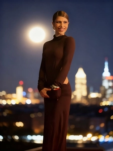 Sexy High Neck Long Sleeve Maxi Dress Backless Waist Cutout Ruched Slim Fit Evening Party Clubwear Brown Polyester Spandex