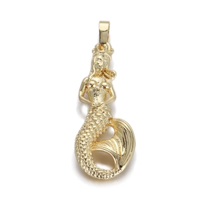 Golden mermaid pendant with crown and detailed scales on white studio background
