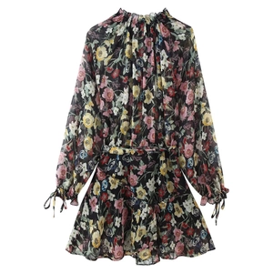 Floral print long sleeve mini dress in black with ruffle collar and waist belt detail