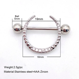 Polished stainless steel nipple ring set with AAA zircon and detailed dimensions