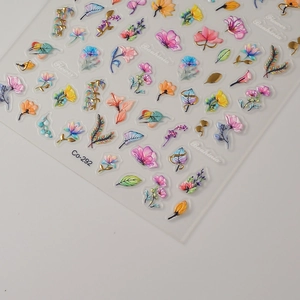 Adesivi per nail art 5D a rilievo con fiori colorati, foglie e dettagli dorati